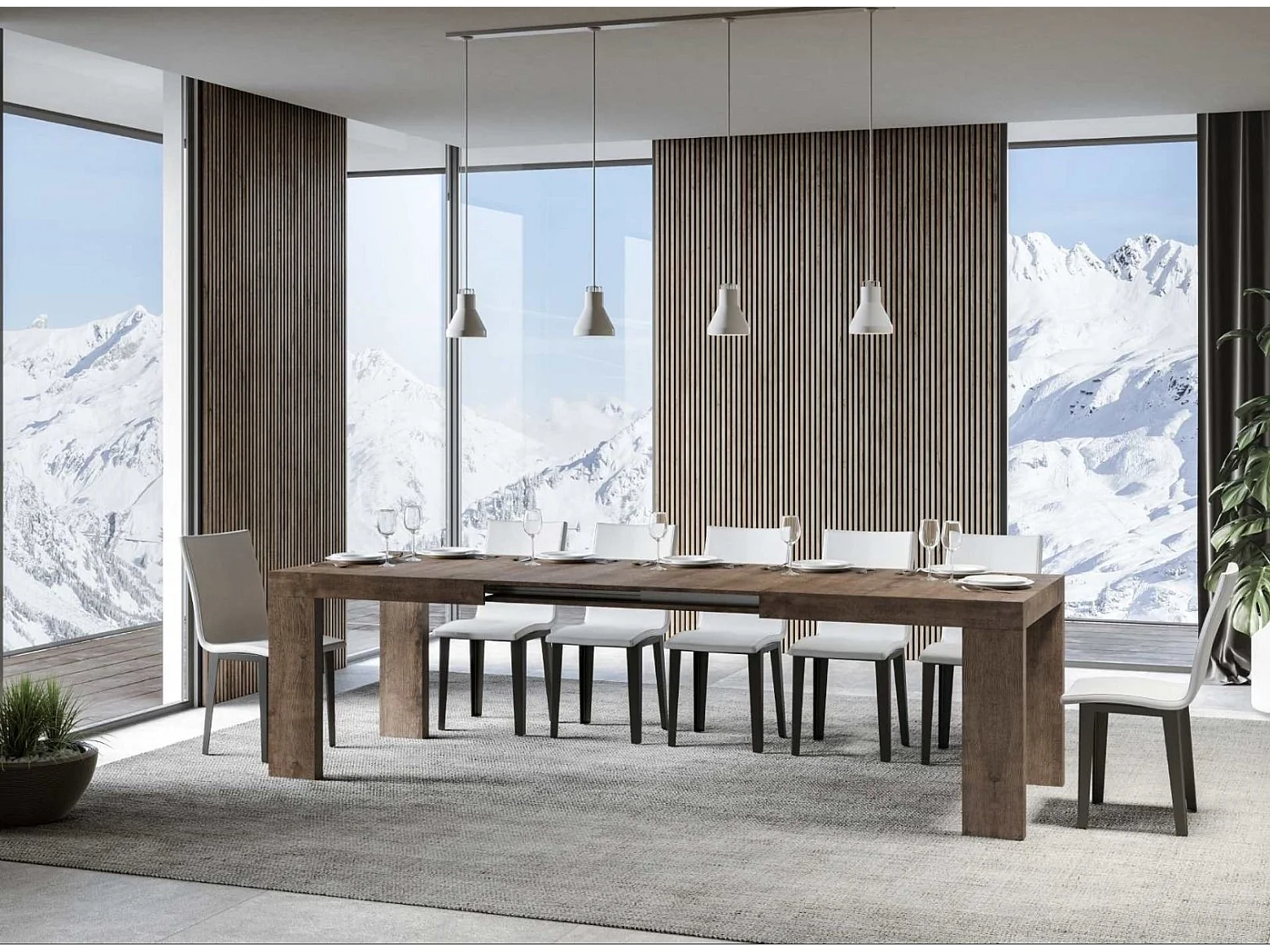 Mesa de comedor extensible de madera Ribo-Color Marrón-Soporte 4 pies-5 alargaderas finas-Ancho extensible