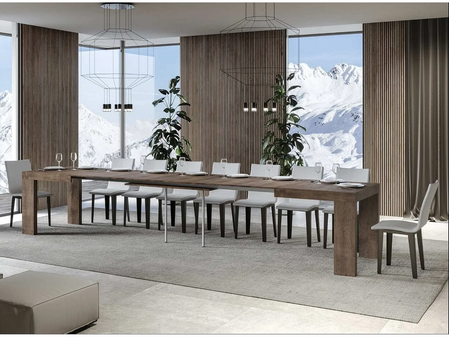 Table rectangulaire extensible 160 à 420cm bois foncé Ribo-Pied et support sur roulettes