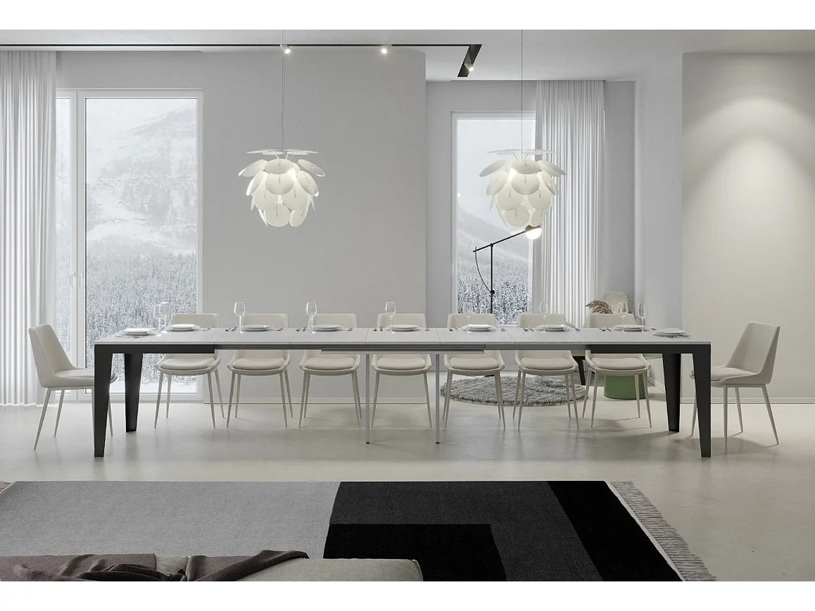 Table rectangulaire extensible 6 à 20 places L 180 à 440cm blanc laqué et pieds acier gris foncé Flavien