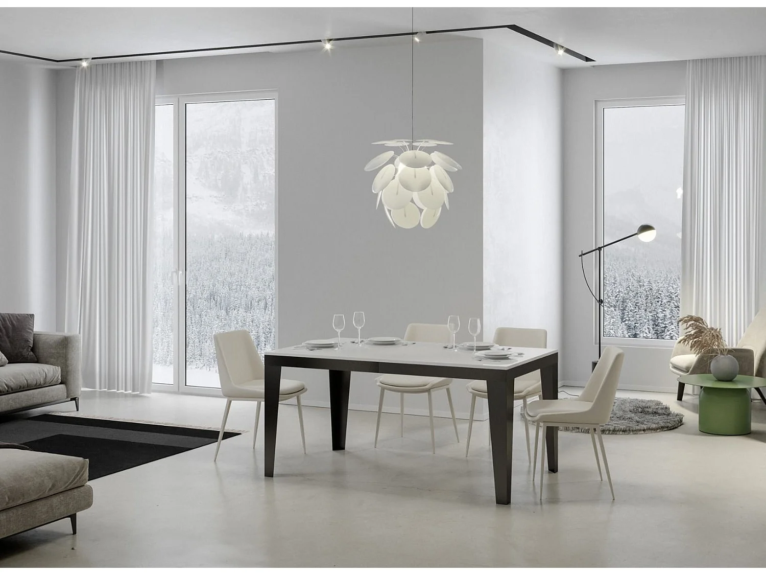 Table rectangulaire extensible 6 à 20 places L 180 à 440cm blanc laqué et pieds acier gris foncé Flavien