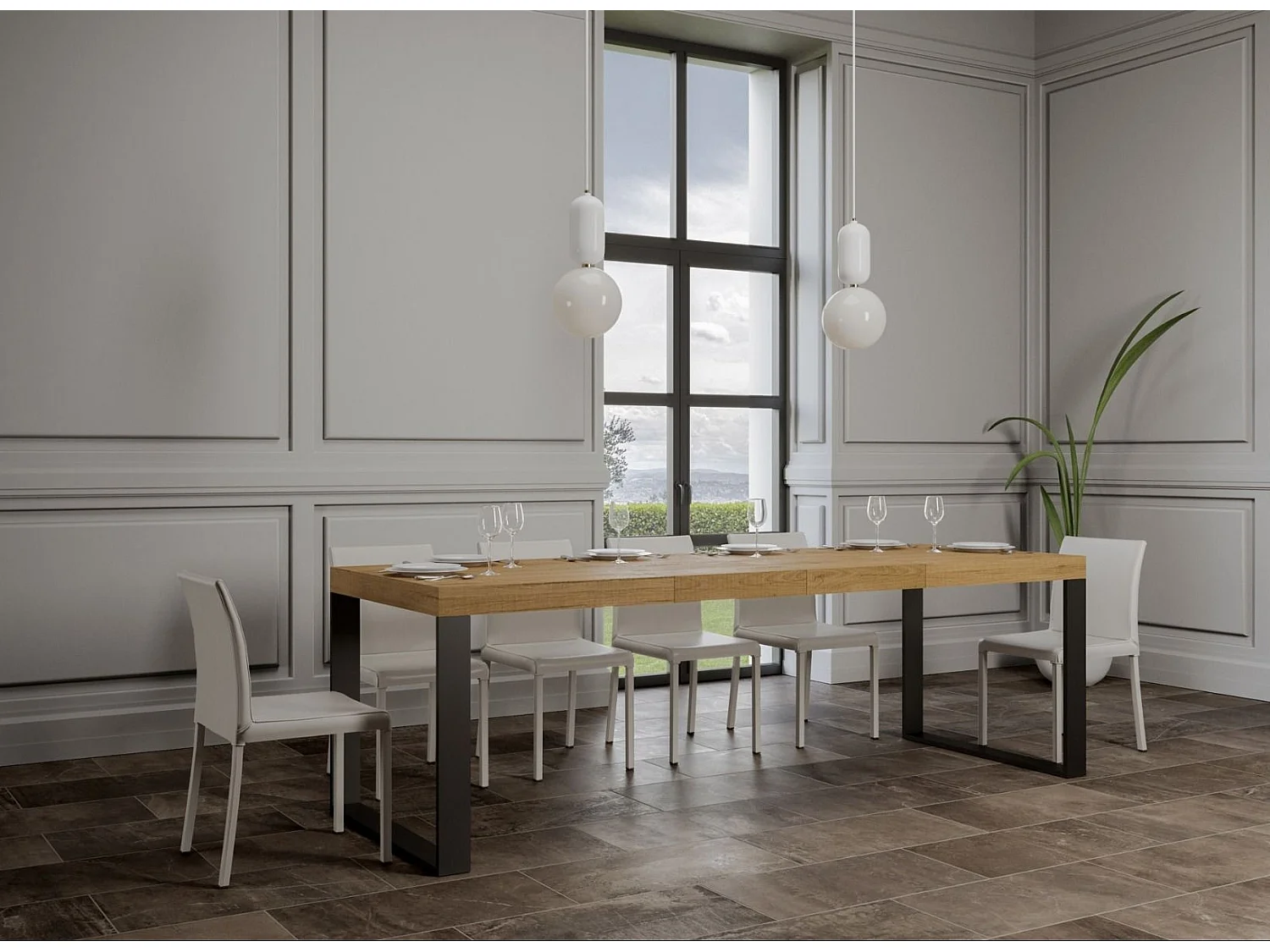 Mesa de comedor extensible tiroz-Color Natural-Soporte 2 pies-5 alargaderas finas-Ancho extensible