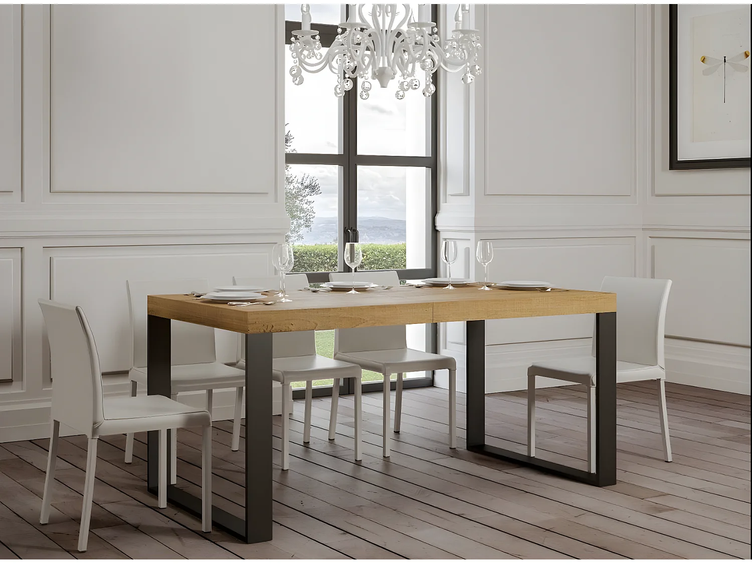 Table extensible 160 à 420cm bois clair et pieds métal anthracite Tiroz