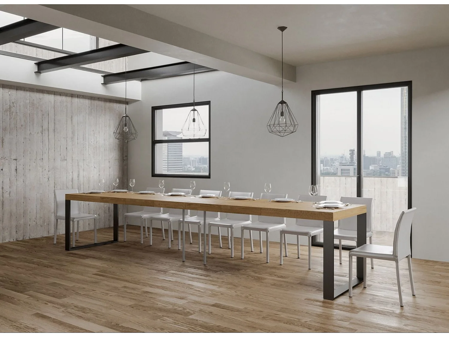 Table extensible 160 à 420cm bois clair et pieds métal anthracite Tiroz