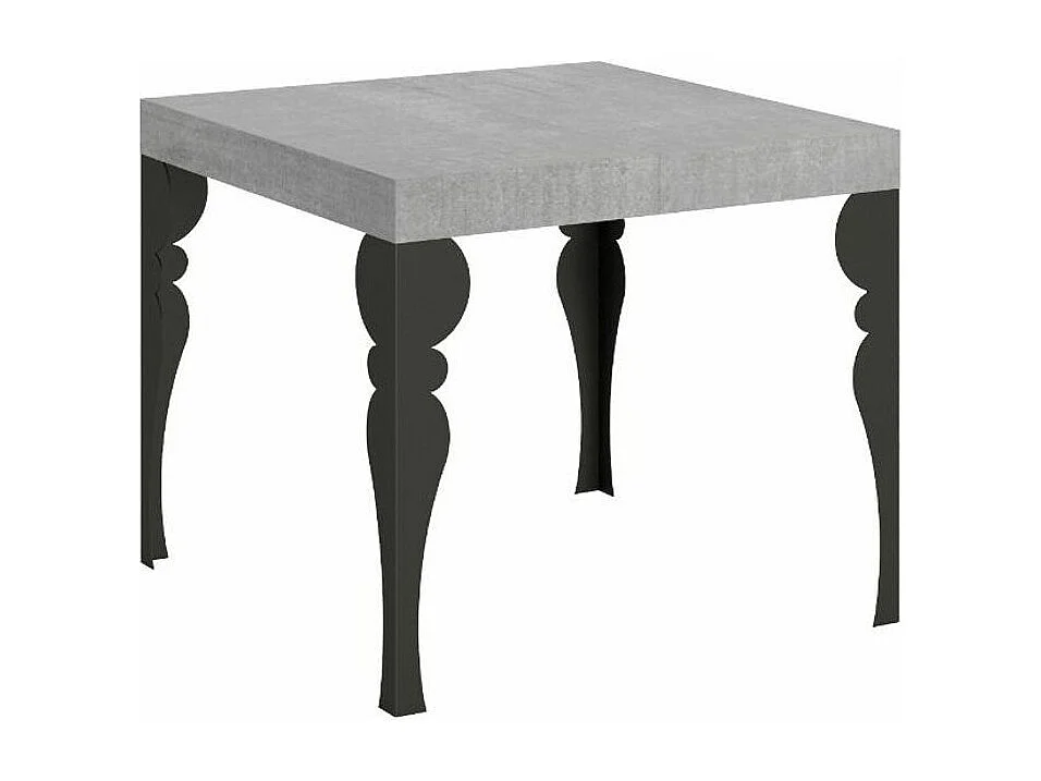 Petite table carrée 90-90cm extensible 10 personnes 90 à 246cm gris béton et pieds gris foncé Kalane