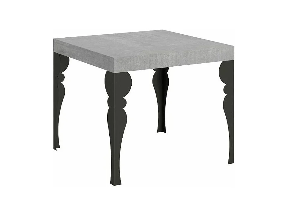 Petite table carrée 90-90cm extensible 10 personnes 90 à 246cm gris béton et pieds gris foncé Kalane