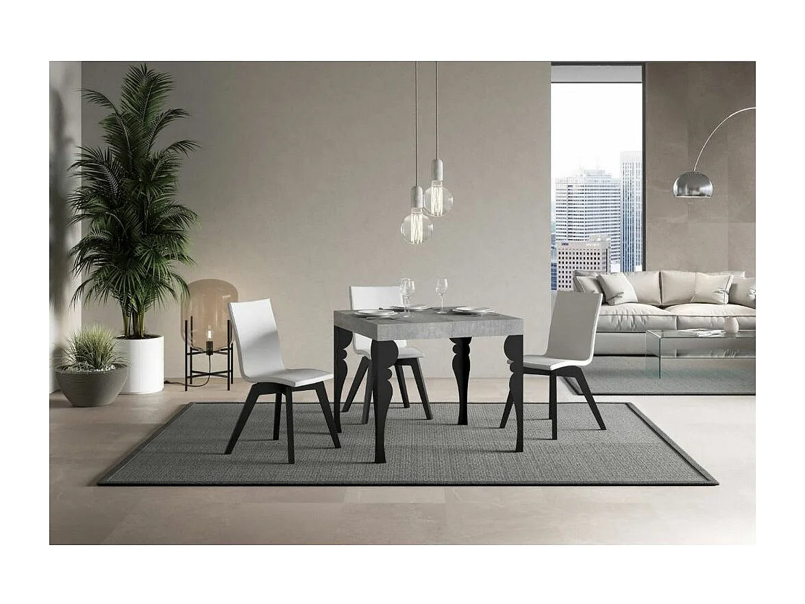 Petite table carrée 90-90cm extensible 10 personnes 90 à 246cm gris béton et pieds gris foncé Kalane