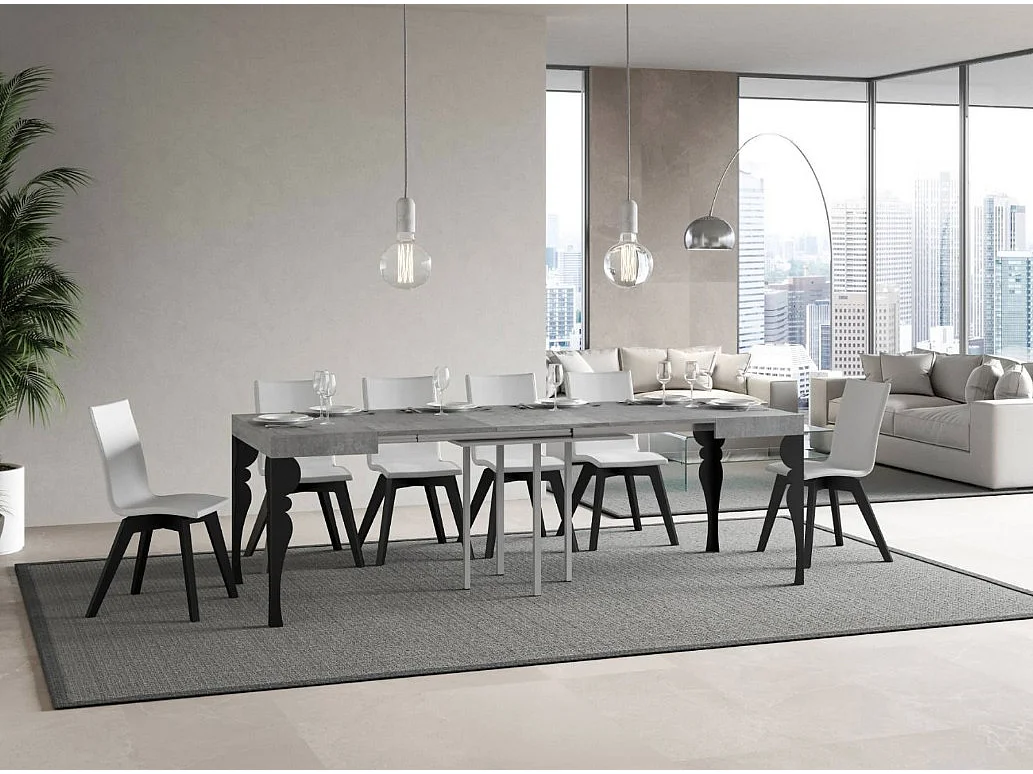 Petite table carrée 90-90cm extensible 10 personnes 90 à 246cm gris béton et pieds gris foncé Kalane