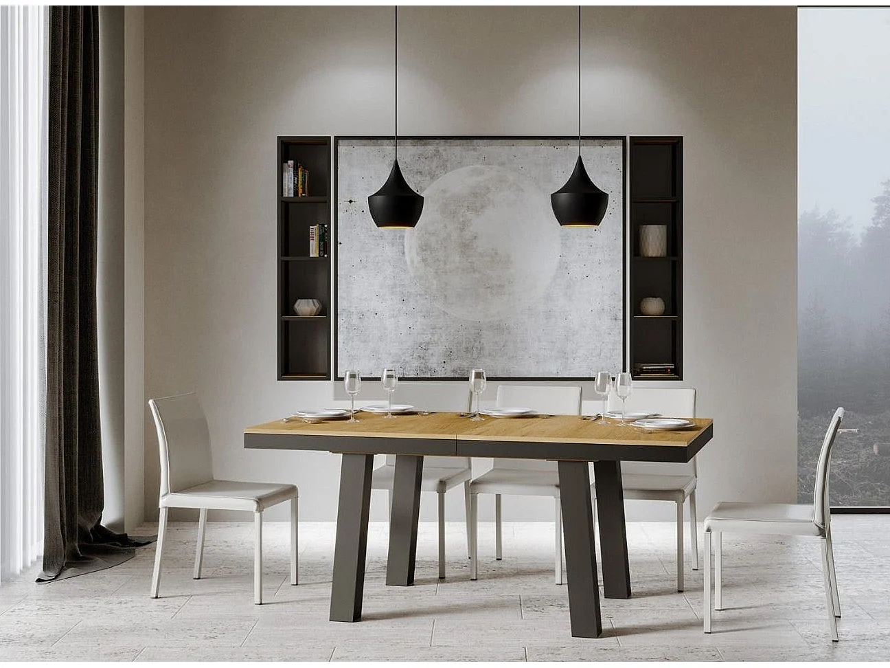 Mesa extensible Bidy de 6 a 20 plazas L 160 a 420 cm madera clara y estructura de metal antracita