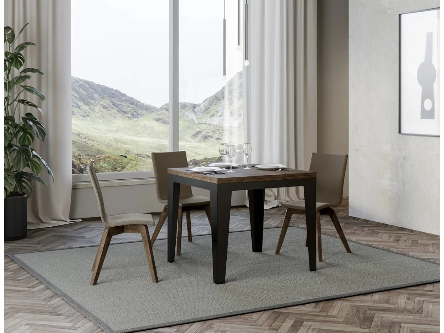 Table extensible carrée 4 à 6 places L 90 à 180cm bois noyer et pieds métal anthracite Librio