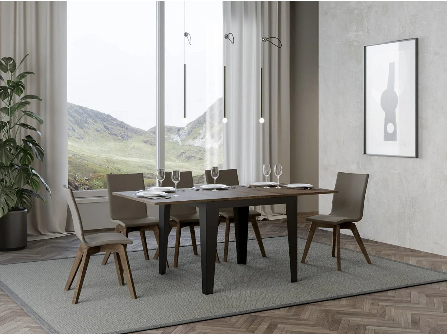 Table extensible carrée 4 à 6 places L 90 à 180cm bois noyer et pieds métal anthracite Librio