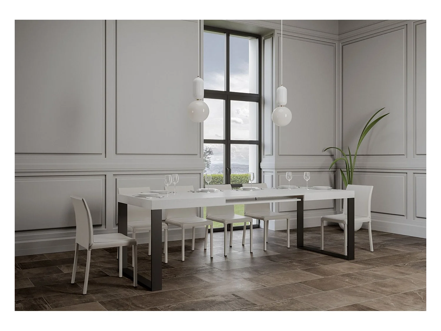 Grande table extensible 180 à 440cm blanche et pieds métal anthracite Tiroz-Support 2 pieds-5 rallonges épaisses