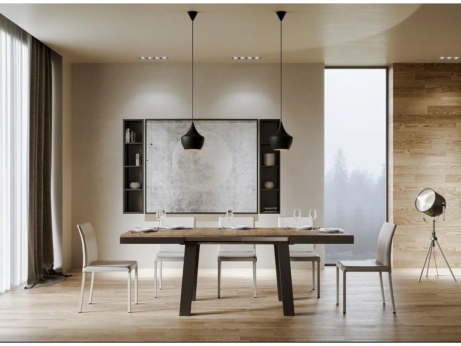 Table extensible 6 à 10 places L 120 à 224cm bois foncé et cadre métal anthracite Bidy