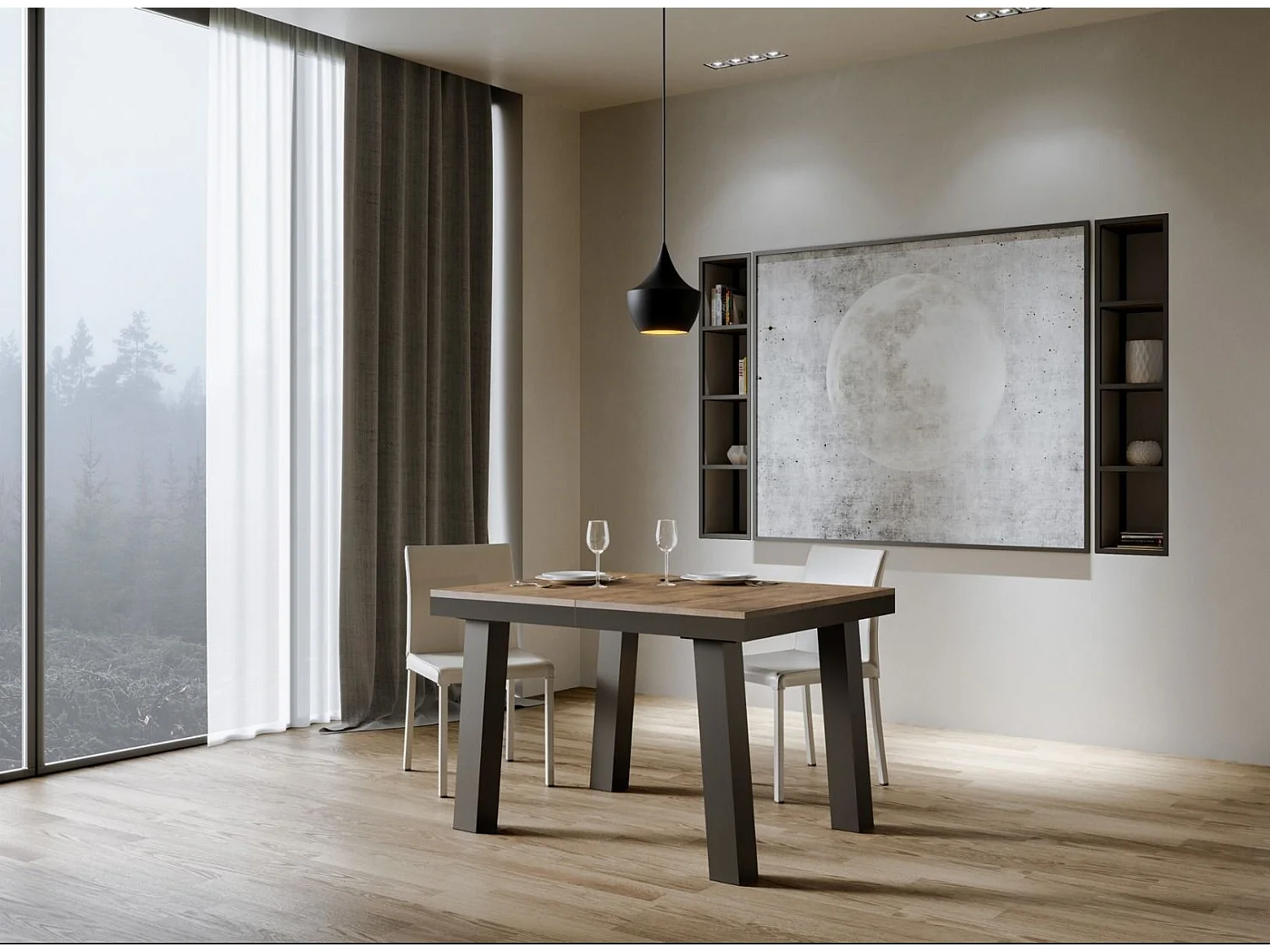 Table extensible 6 à 10 places L 120 à 224cm bois foncé et cadre métal anthracite Bidy