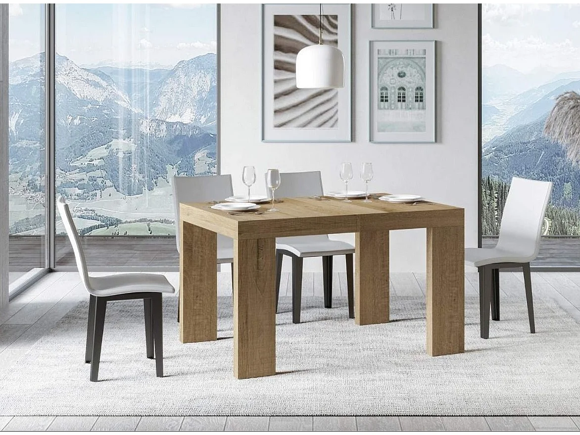 Mesa de comedor extensible de madera Ribo-Color Natural-Soporte 4 pies-5 alargaderas finas-Ancho extensible