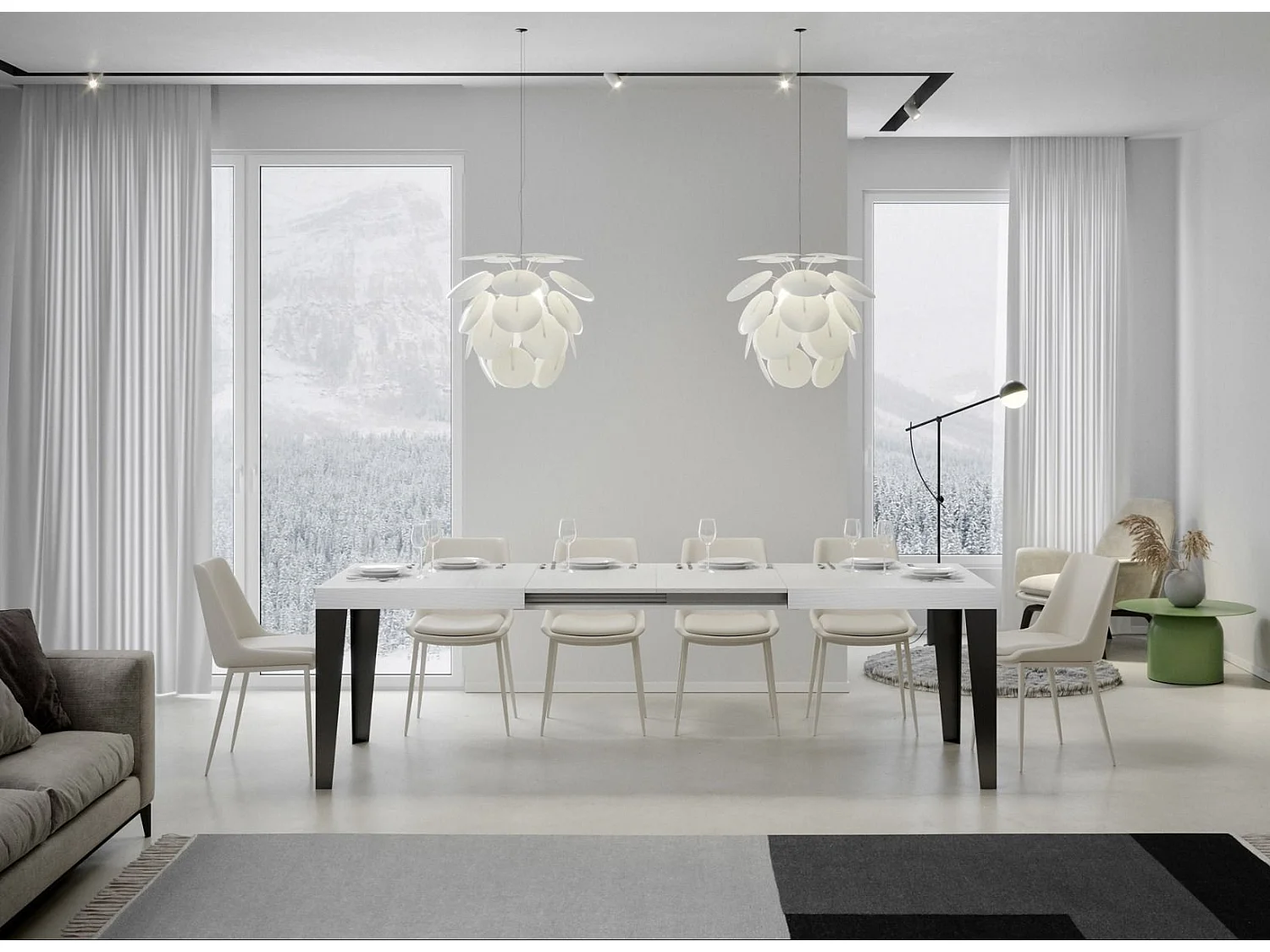 Table rectangulaire extensible 8 à 14 places L 180 à 284cm blanc et pieds métal anthracite Flavio