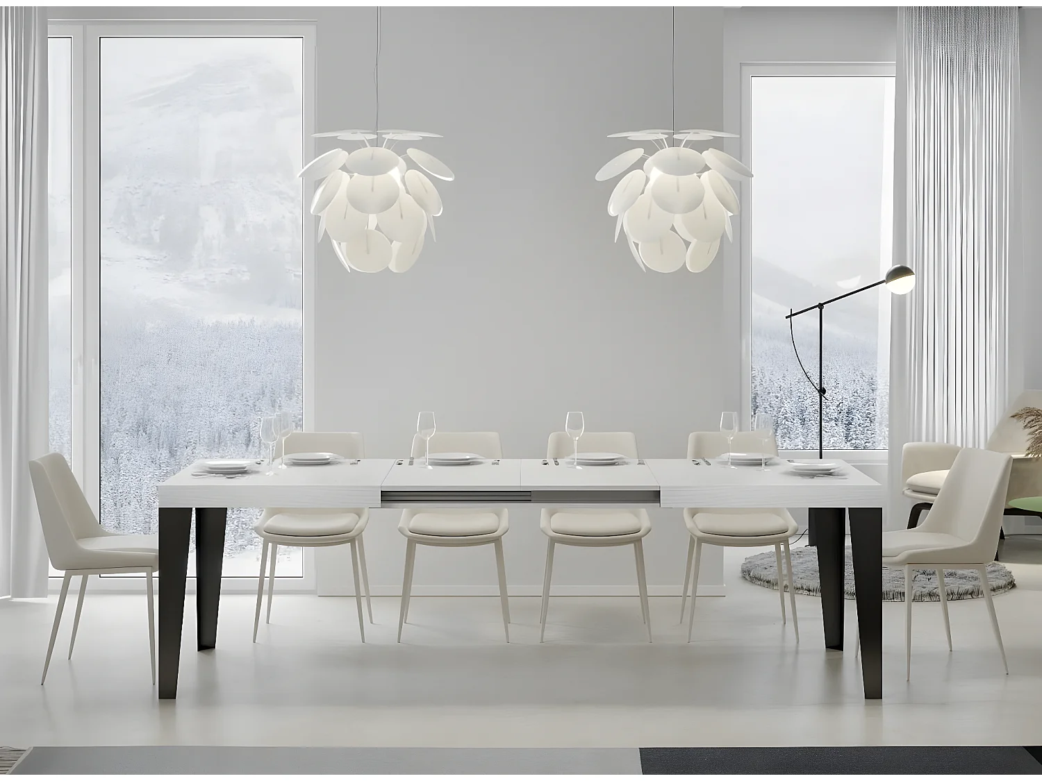 Rechthoekige uitschuifbare tafel 8 tot 14 plaatsen L 180 tot 284 cm wit en antraciet metalen poten Flavio