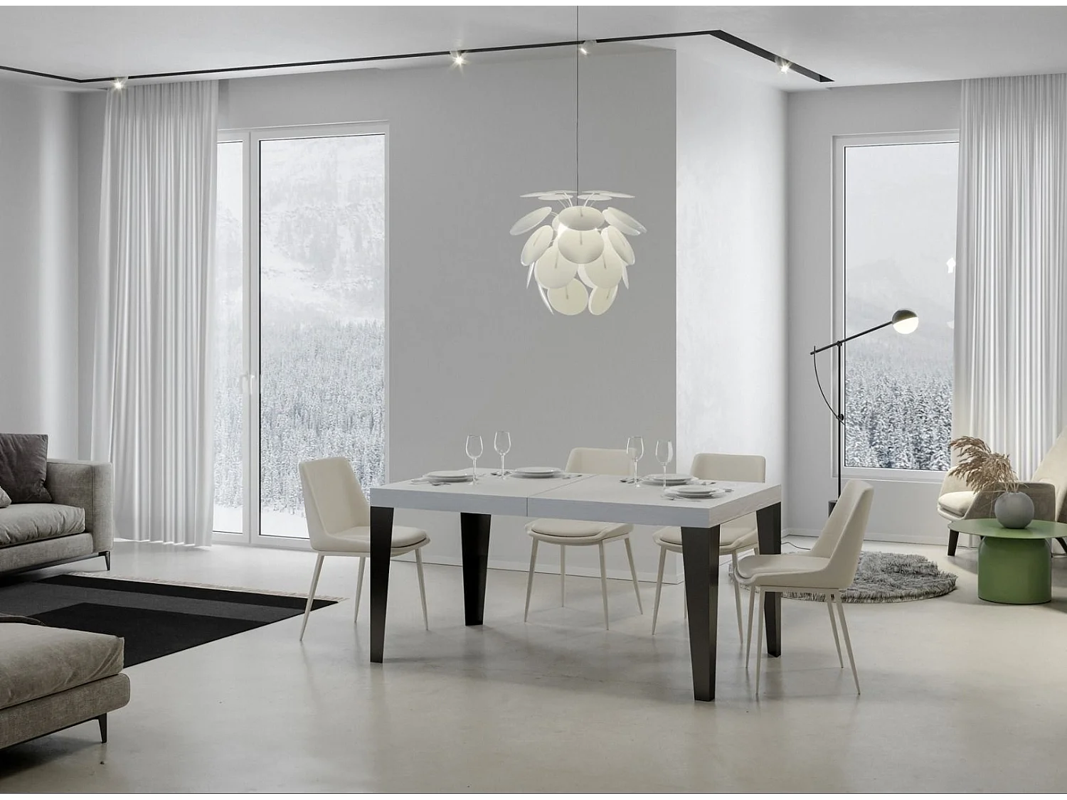 Rechthoekige uitschuifbare tafel 8 tot 14 plaatsen L 180 tot 284 cm wit en antraciet metalen poten Flavio