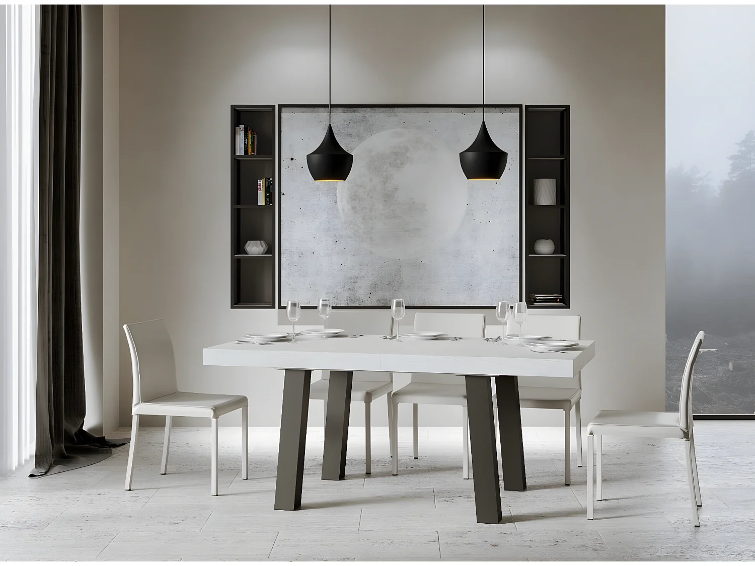 Table extensible 6 à 14 places L 180 à 284cm blanc et pieds métal anthracite Bidy