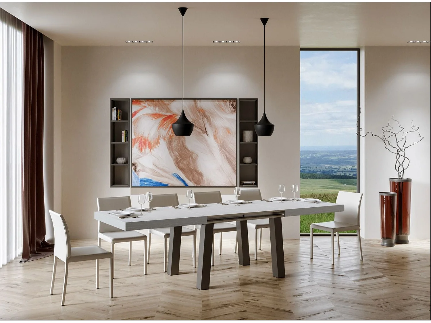 Table extensible 6 à 14 places L 180 à 284cm blanc et pieds métal anthracite Bidy