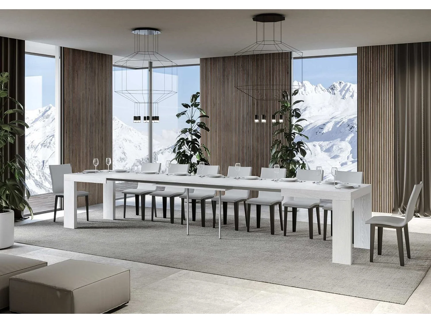 Table rectangulaire extensible 130 à 390cm blanche Ribo-Support 4 pieds