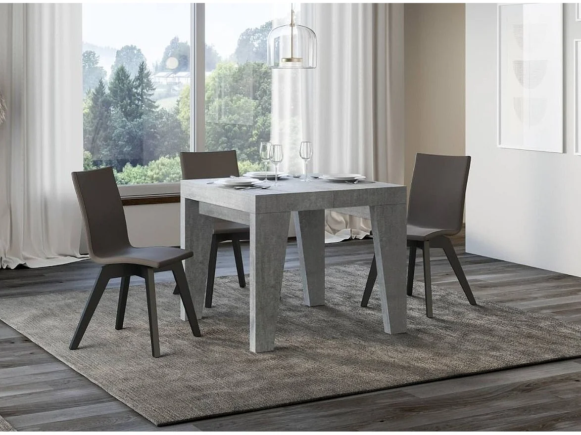 Petite table carrée 90-90cm extensible 10 personnes 90 à 246cm gris effet ciment Naxo-Support 4 pieds