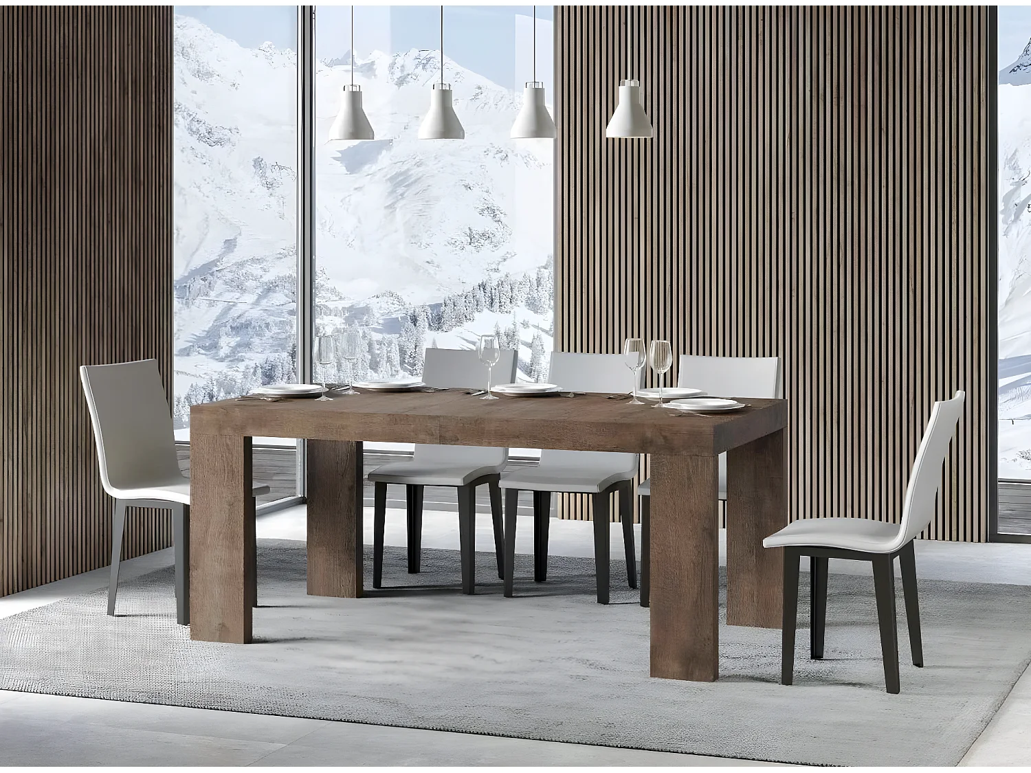 Table rectangulaire extensible 180 à 440cm bois foncé Ribo-Pied et support sur roulettes