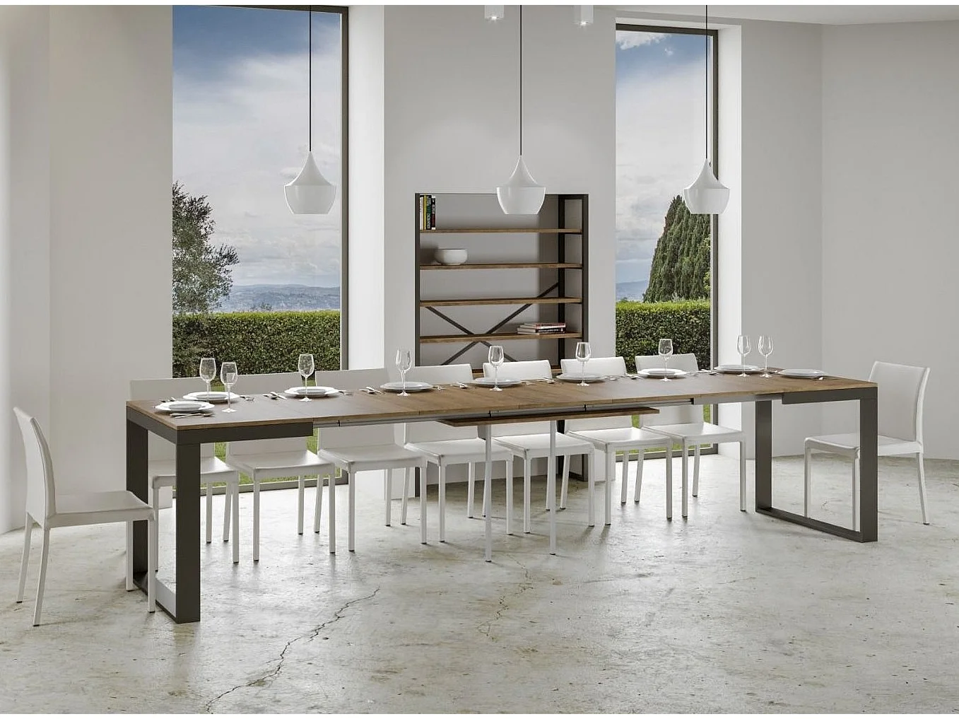 Table extensible 180 à 440cm bois foncé et métal anthracite Likro-Pied et support sur roulettes