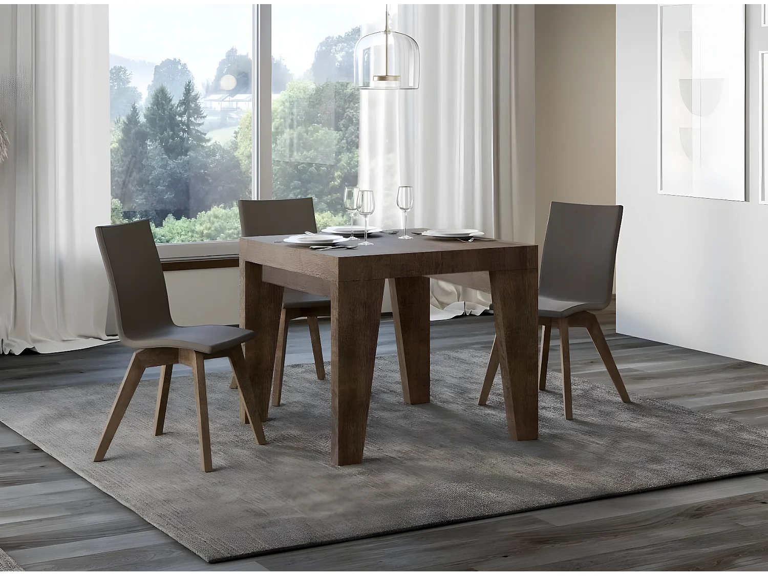 Kleine vierkante tafel 90/90 cm uitschuifbaar 10 personen 90 tot 246 cm bruin hout Naxo-Steun 4 voet