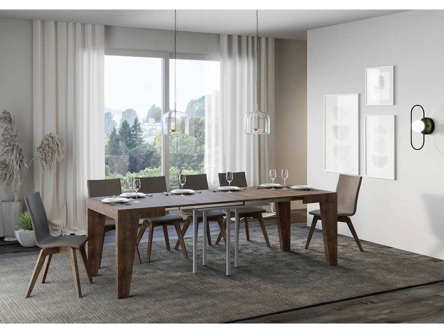 Kleine vierkante tafel 90/90 cm uitschuifbaar 10 personen 90 tot 246 cm bruin hout Naxo-Steun 4 voet