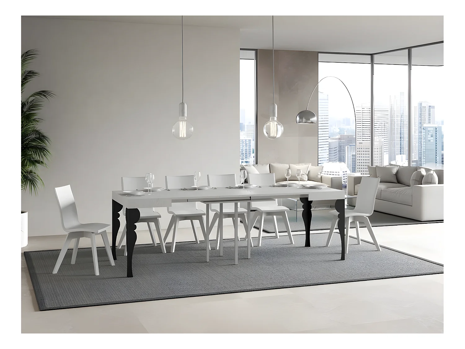 Kleine vierkante tafel 90/90 cm uitschuifbaar voor 10 personen 90 tot 246 cm witte en donkergrijze poten Kalane