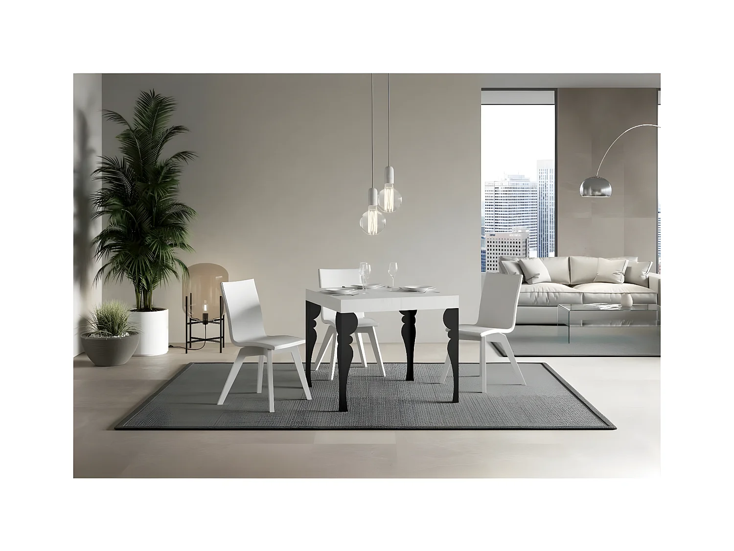 Kleine vierkante tafel 90/90 cm uitschuifbaar voor 10 personen 90 tot 246 cm witte en donkergrijze poten Kalane