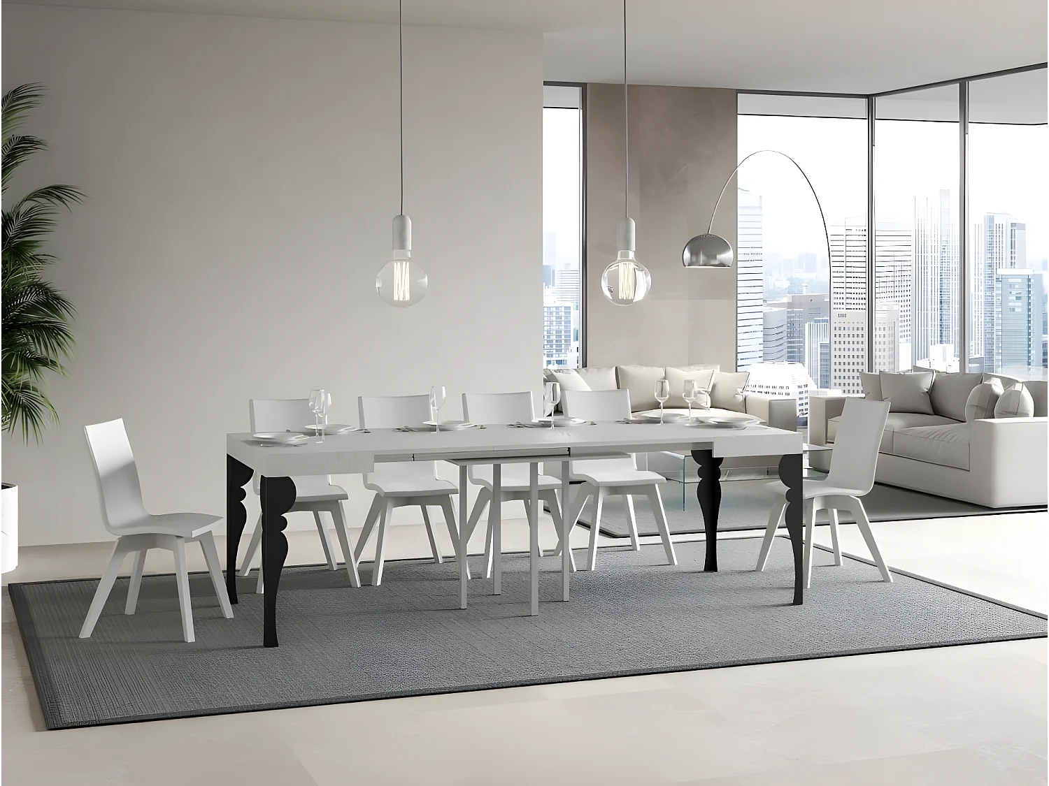 Mesa extensible cuadrada pequeña 90x90/246 cm estilo oriental Torza-Color Blanco-3 alargaderas finas