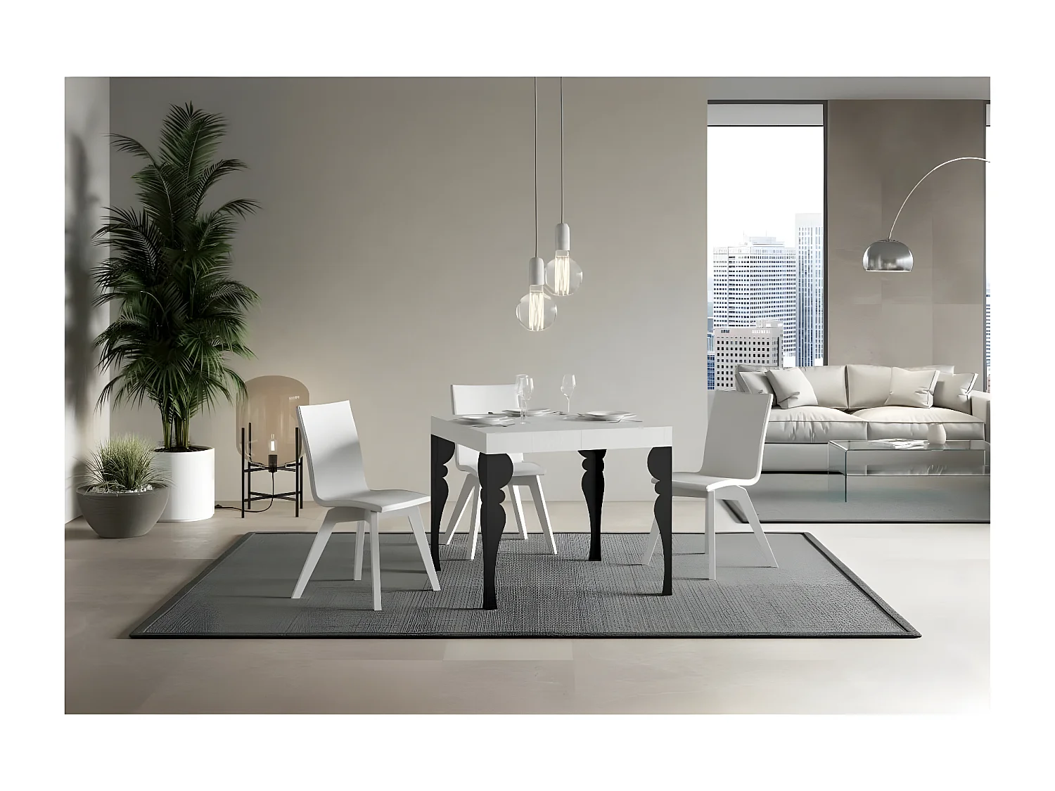 Mesa extensible cuadrada pequeña 90x90/246 cm estilo oriental Torza-Color Blanco-3 alargaderas finas