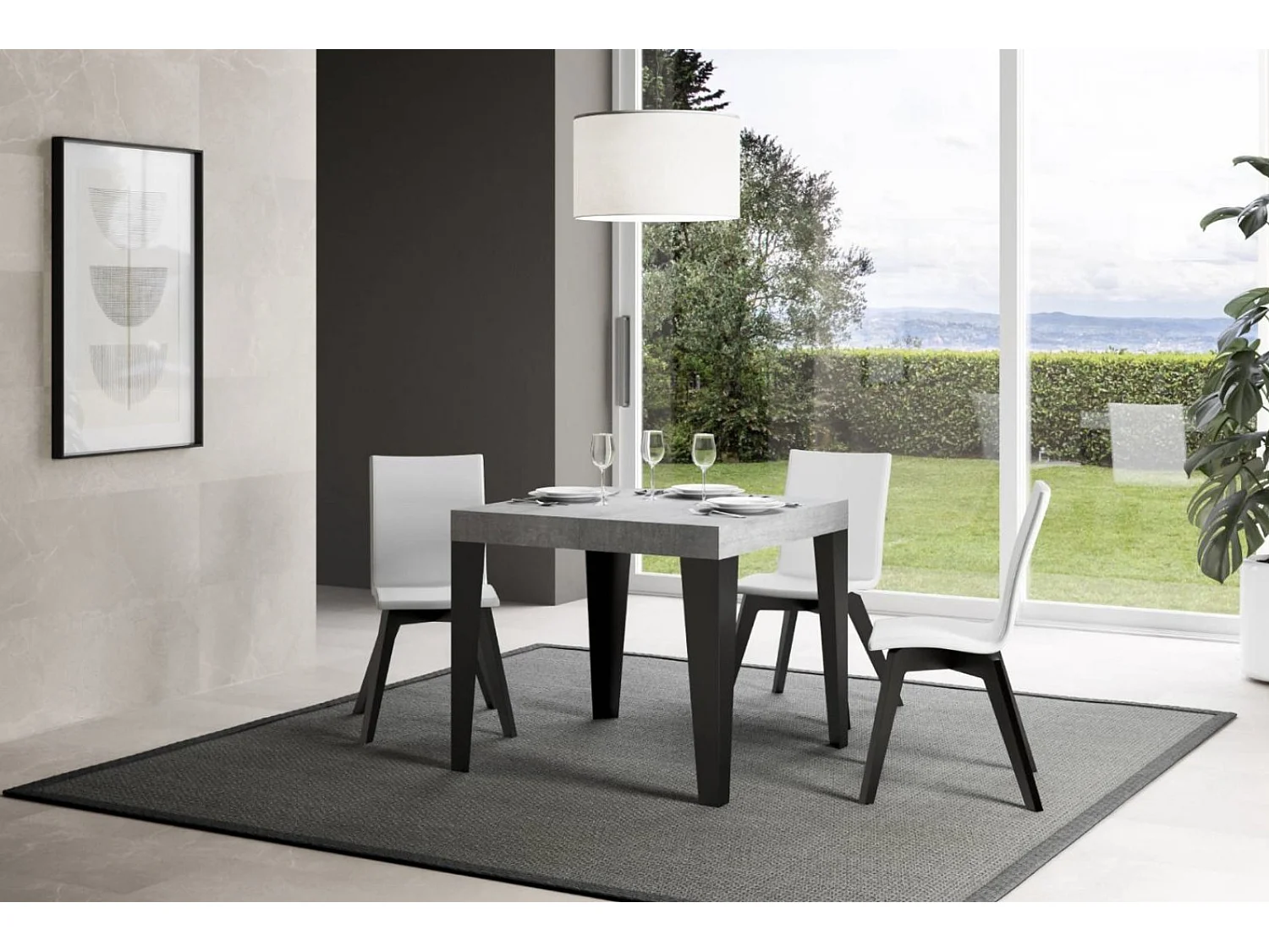 Petite table carrée 90-90cm extensible 10 personnes 90 à 246cm bois gris béton et pieds métal anthracite Flavio
