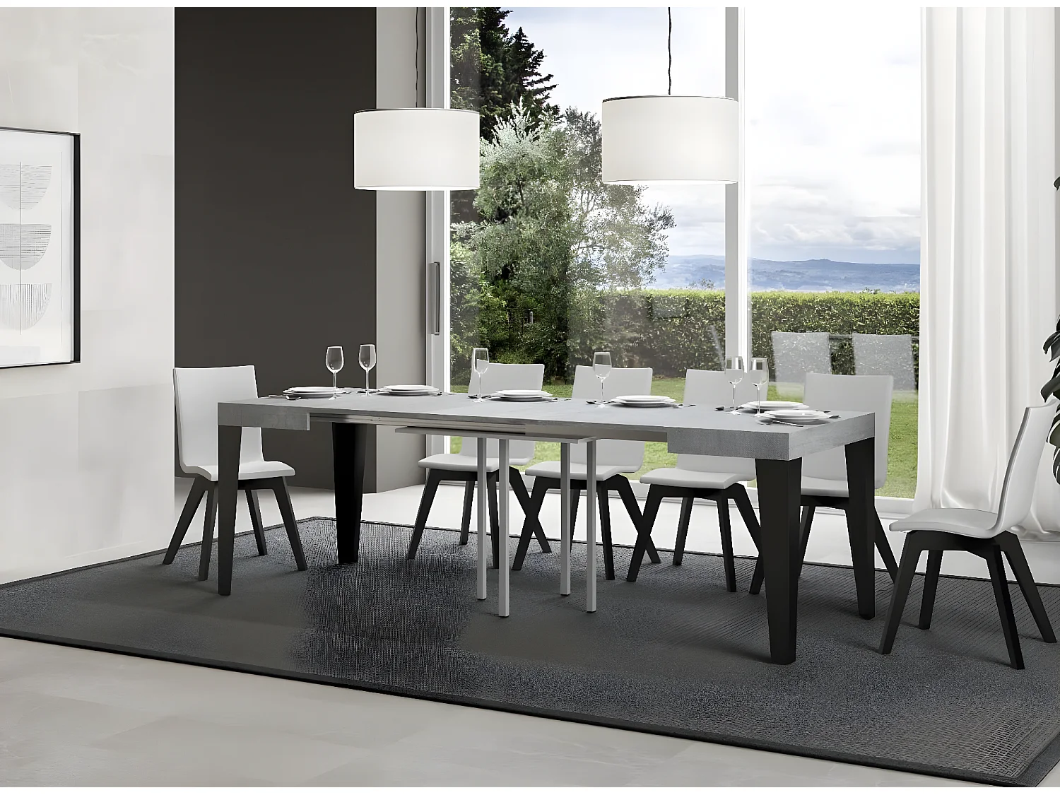 Petite table carrée 90-90cm extensible 10 personnes 90 à 246cm bois gris béton et pieds métal anthracite Flavio