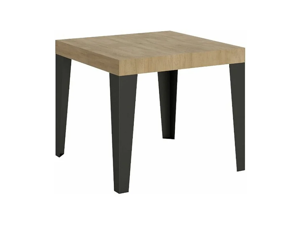 Petite table carrée 90-90cm extensible 10 personnes 90 à 246cm bois chêne clair et pieds métal anthracite Flavio
