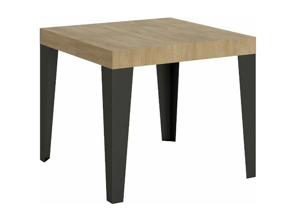 Petite table carrée 90-90cm extensible 10 personnes 90 à 246cm bois chêne clair et pieds métal anthracite Flavio