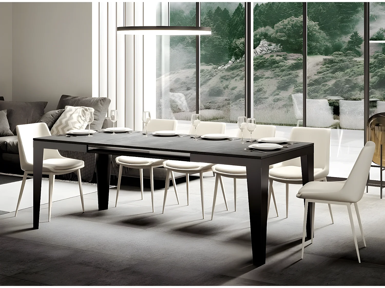 Table rectangulaire extensible 6 à 16 places L 120 à 380cm gris effet béton et pieds acier gris foncé Flavien