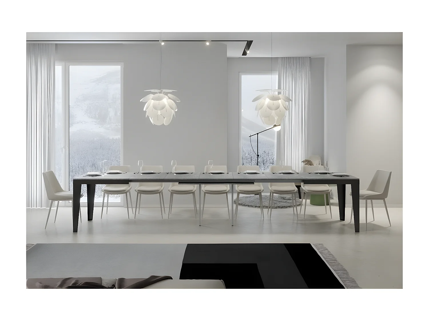 Table rectangulaire extensible 6 à 16 places L 120 à 380cm gris effet béton et pieds acier gris foncé Flavien