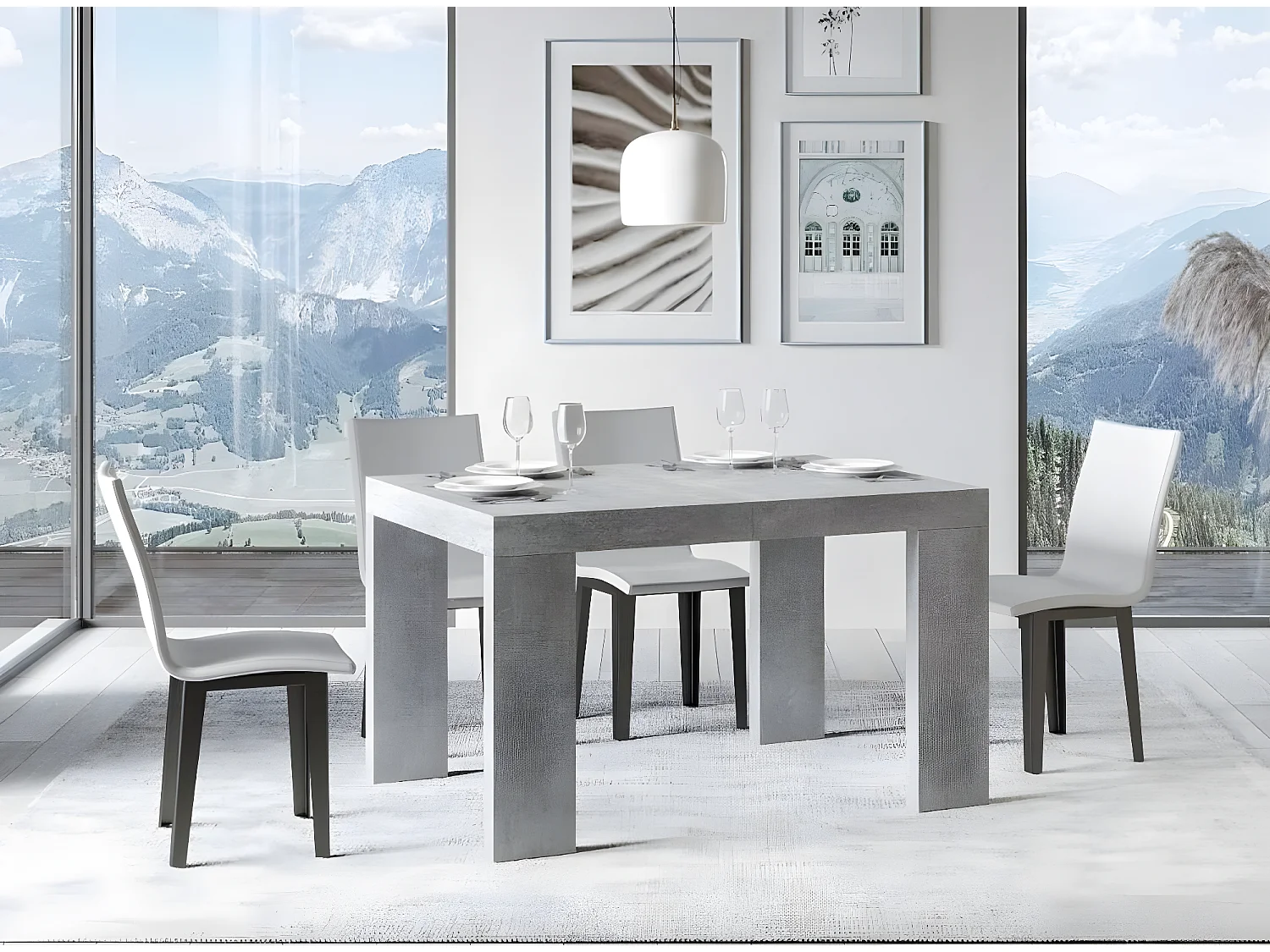 Mesa de comedor extensible de madera Ribo-Color Gris cemento-Soporte 4 pies-5 alargaderas finas-Ancho extensible