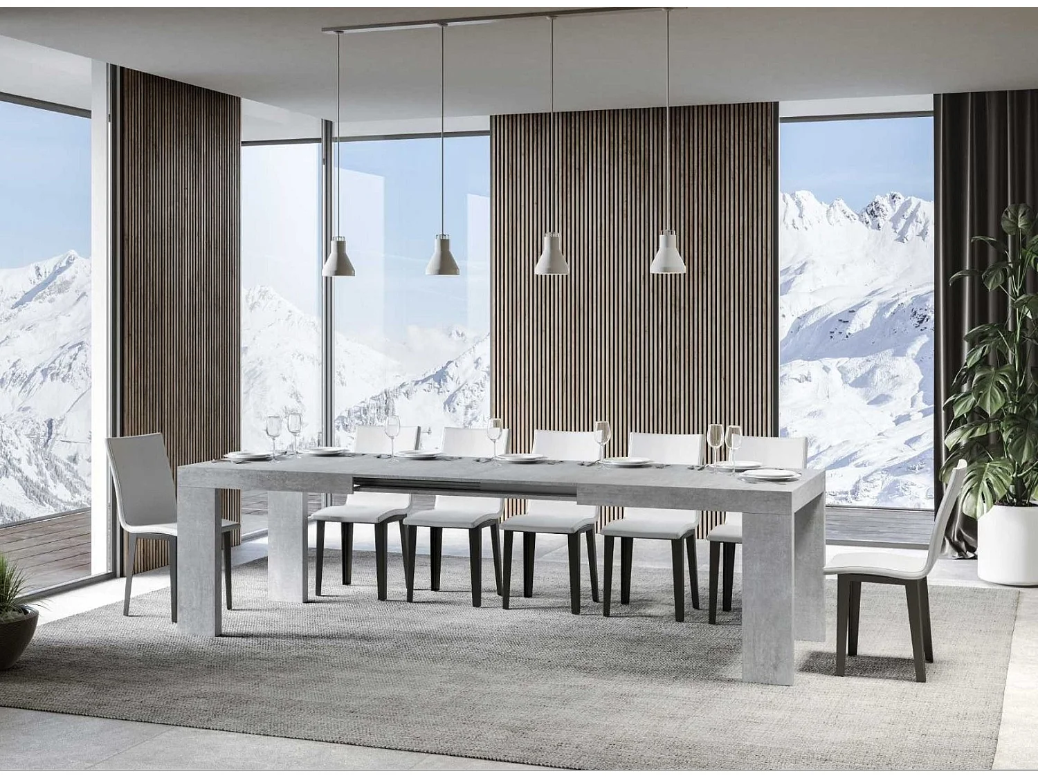 Mesa de comedor extensible de madera Ribo-Color Gris cemento-Soporte 4 pies-5 alargaderas finas-Ancho extensible