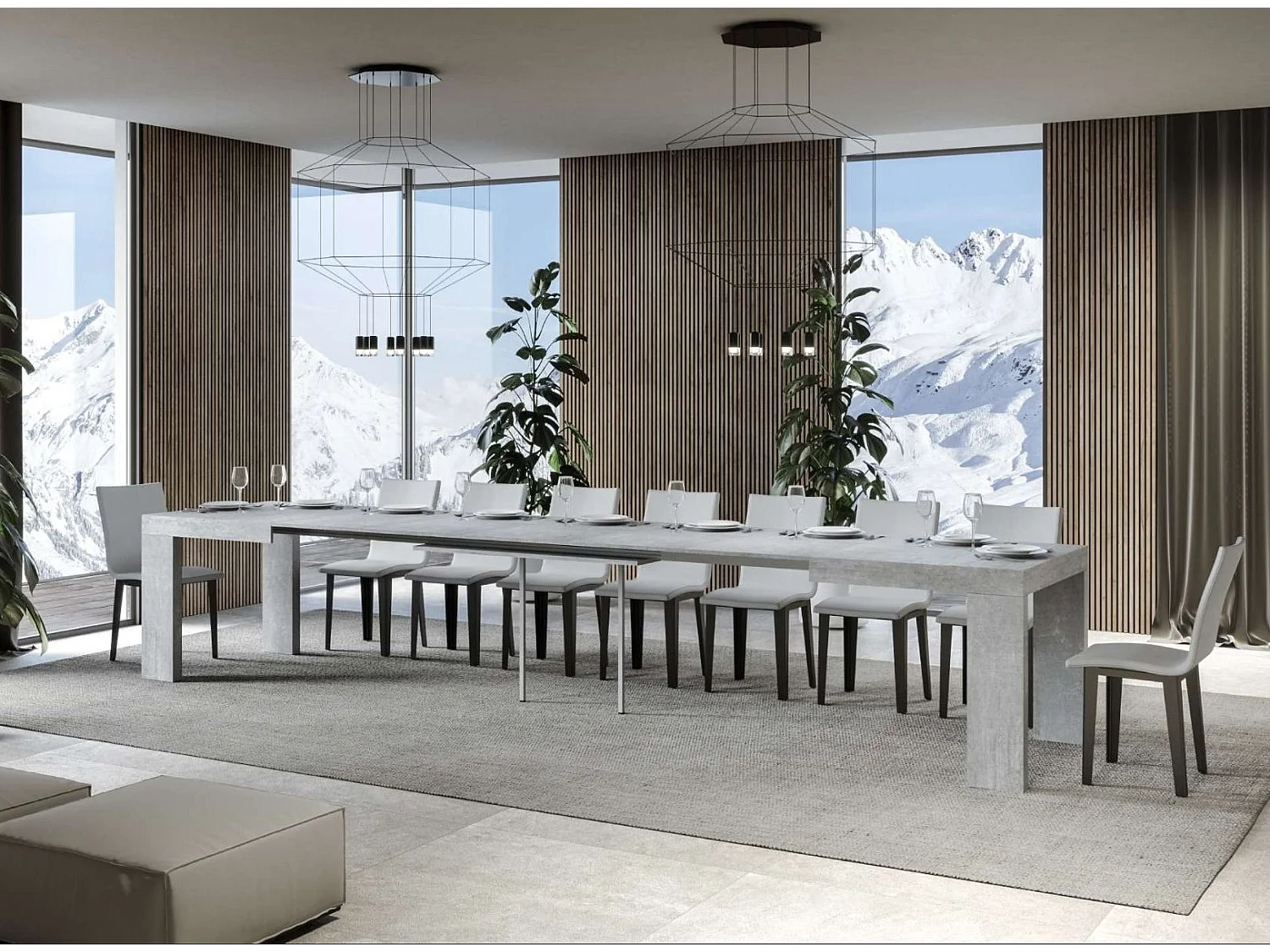 Mesa de comedor extensible de madera Ribo-Color Gris cemento-Soporte 4 pies-5 alargaderas finas-Ancho extensible