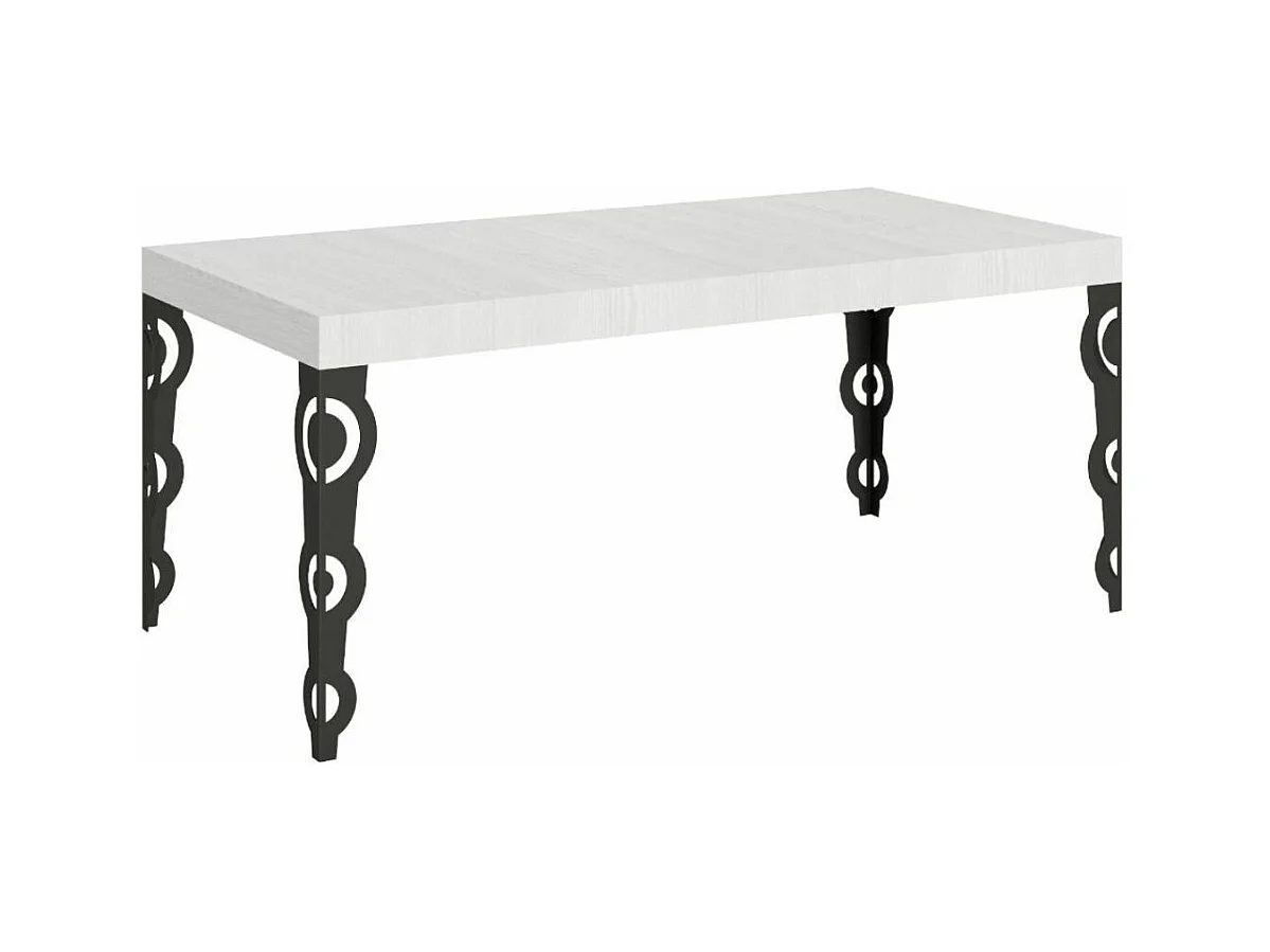 Table rectangulaire extensible orientale 6 à 20 personnes L 160 à 420cm blanc laqué et pieds métal anthracite Kazay