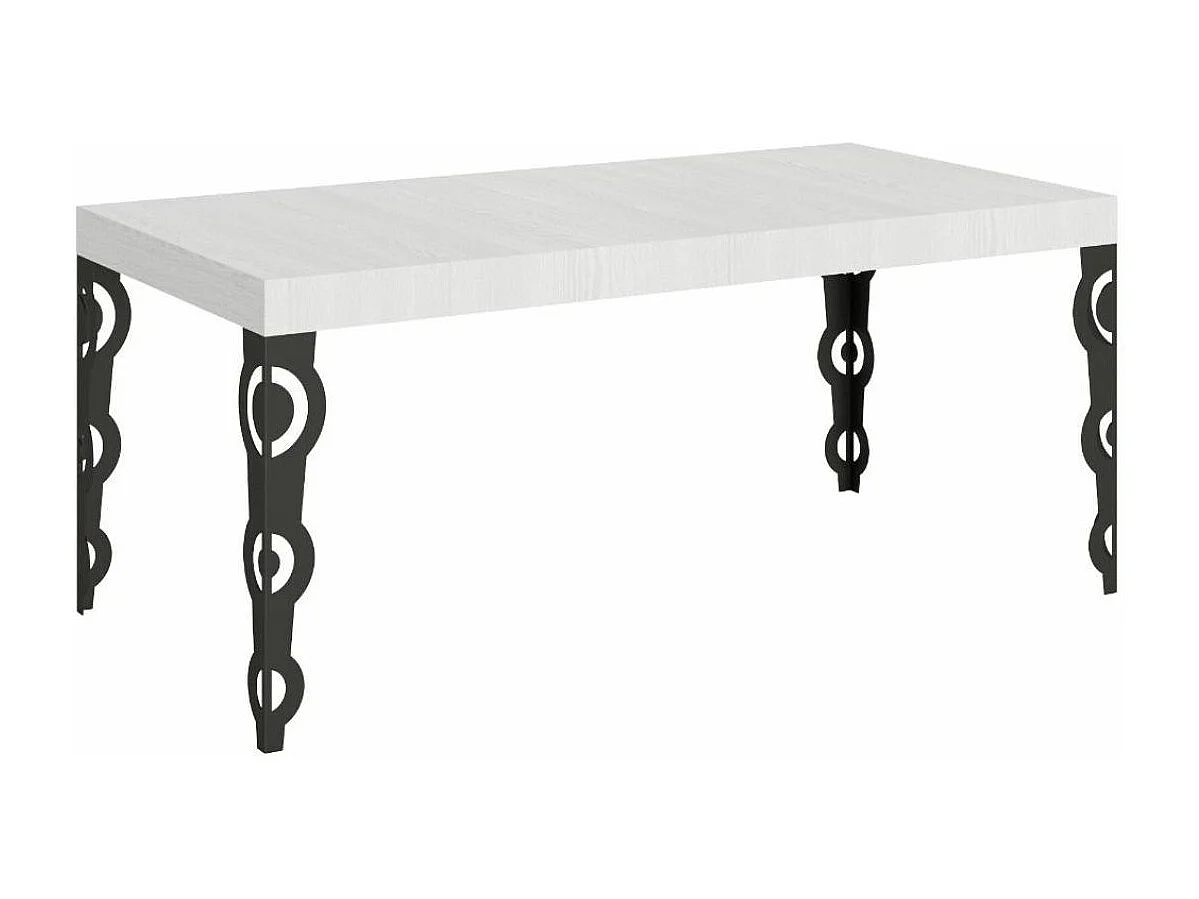 Table rectangulaire extensible orientale 6 à 20 personnes L 160 à 420cm blanc laqué et pieds métal anthracite Kazay