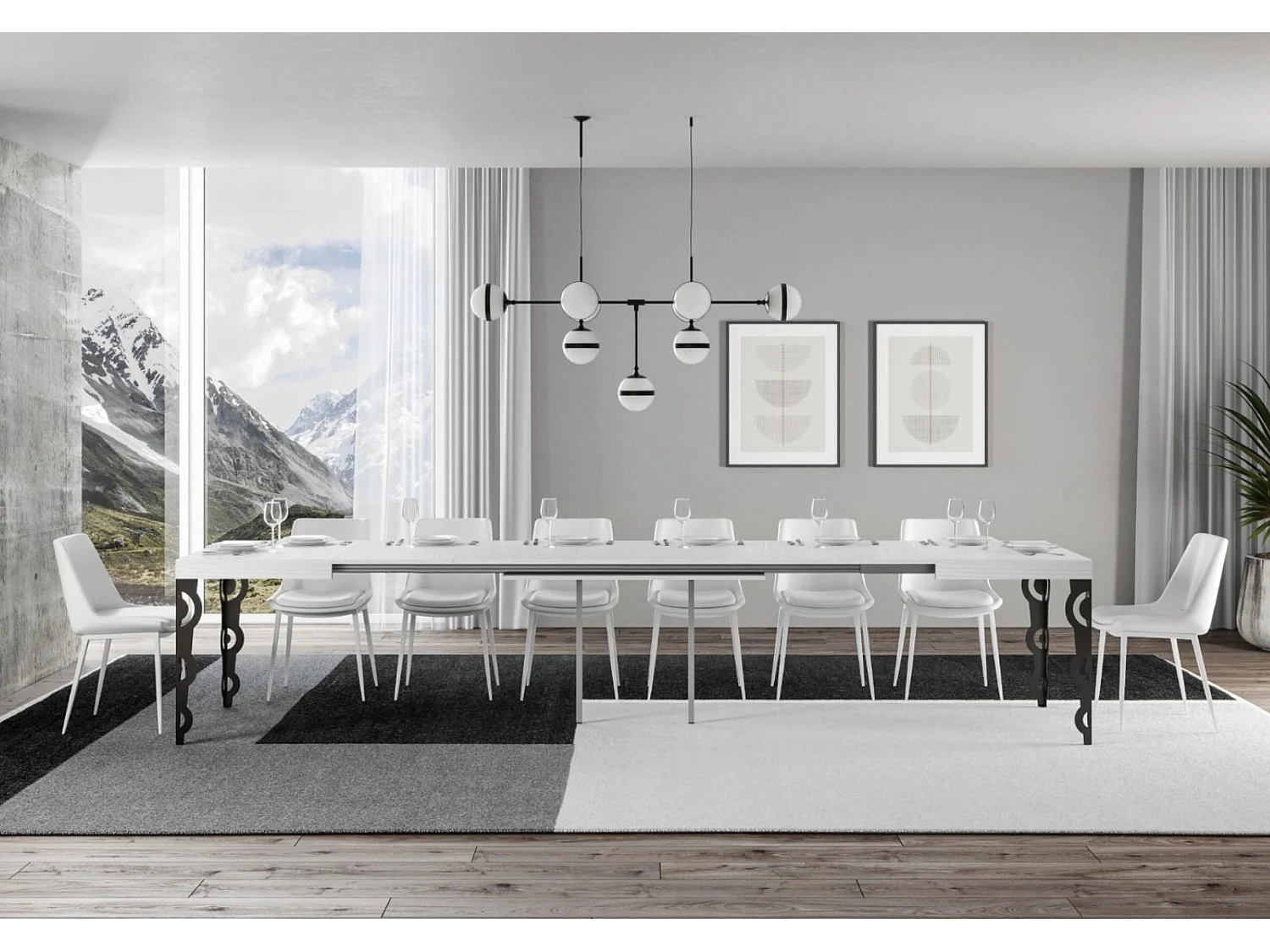 Table rectangulaire extensible orientale 6 à 20 personnes L 160 à 420cm blanc laqué et pieds métal anthracite Kazay