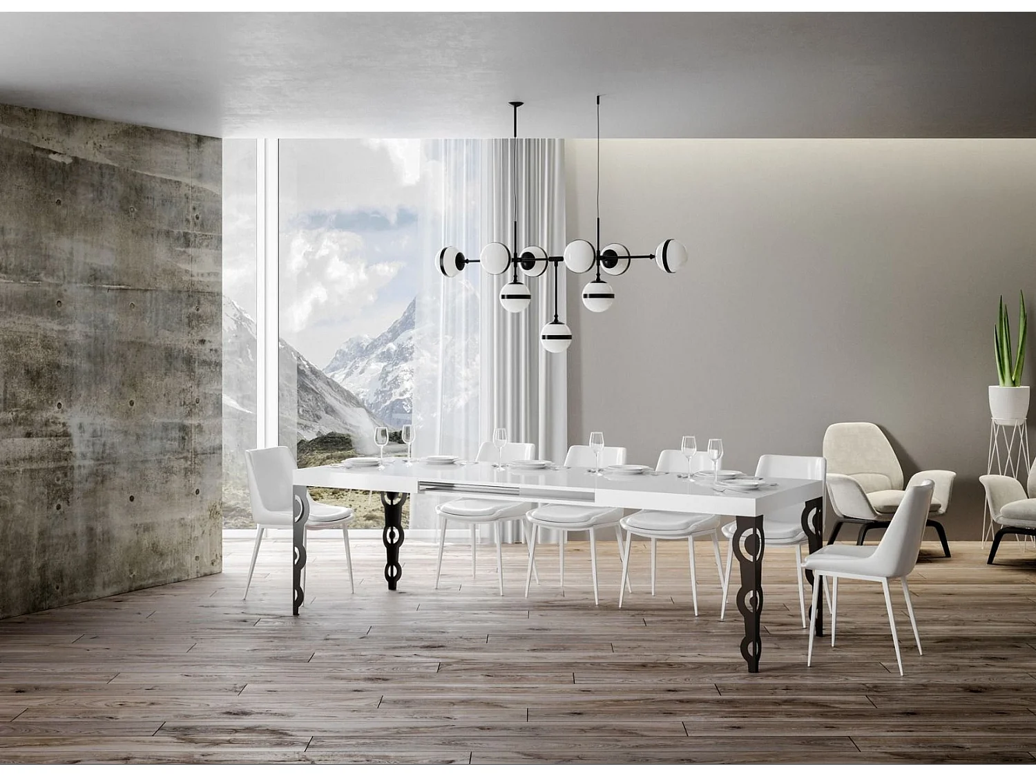 Table rectangulaire extensible orientale 6 à 20 personnes L 160 à 420cm blanc laqué et pieds métal anthracite Kazay