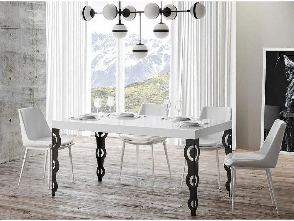 Table rectangulaire extensible orientale 6 à 20 personnes L 160 à 420cm blanc laqué et pieds métal anthracite Kazay
