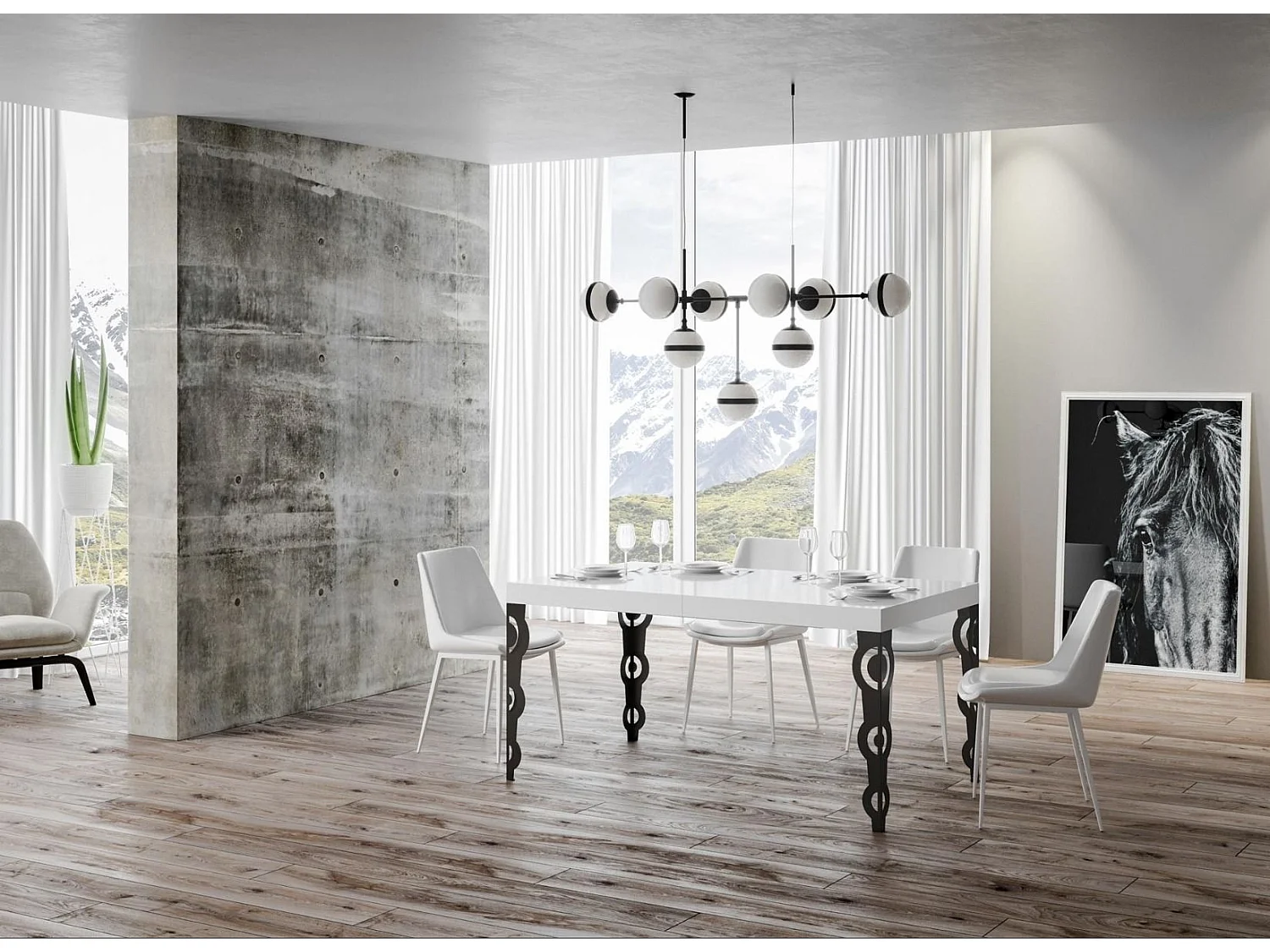 Table rectangulaire extensible orientale 6 à 20 personnes L 160 à 420cm blanc laqué et pieds métal anthracite Kazay