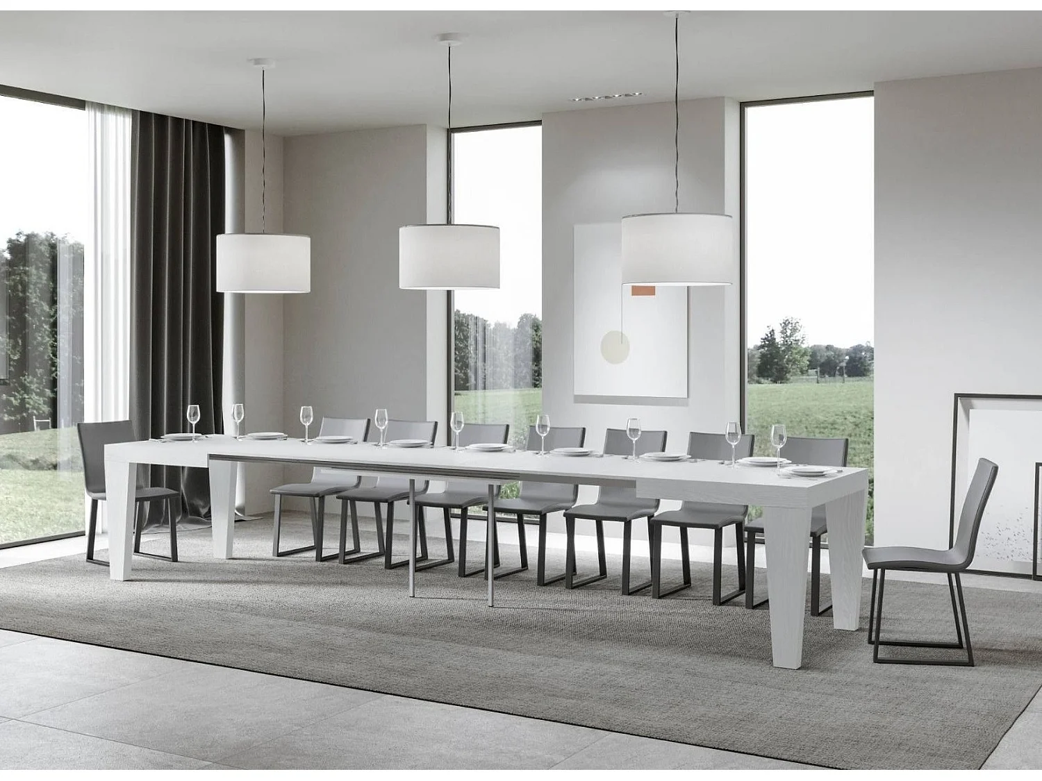 Table extensible 6 à 20 places blanche Kristo 160 à 420cm-Pied et support sur roulettes