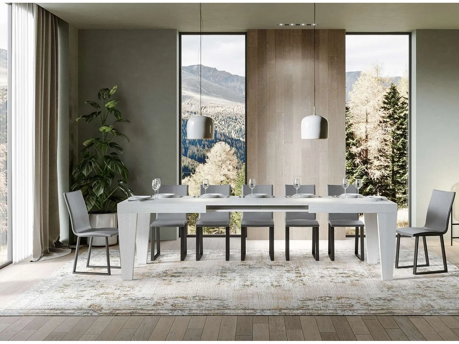 Table extensible 6 à 20 places blanche Kristo 160 à 420cm-Pied et support sur roulettes